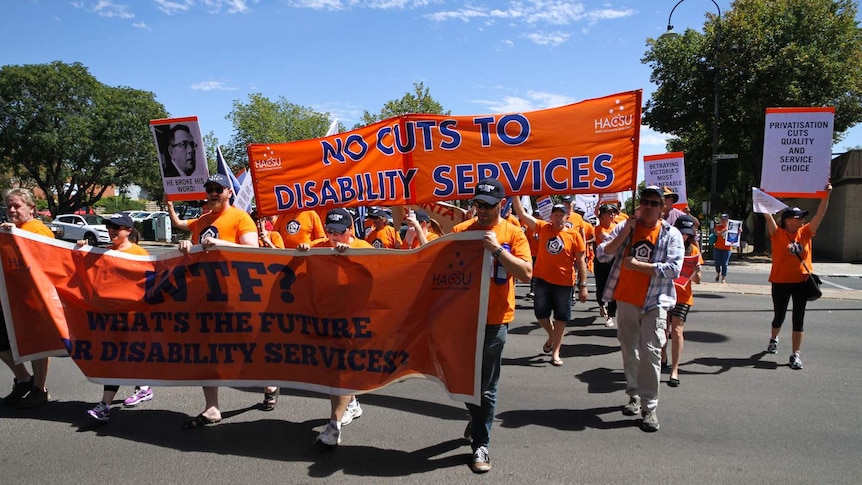 Members of the Health and Community Services Union protest on the streets of Bendigo