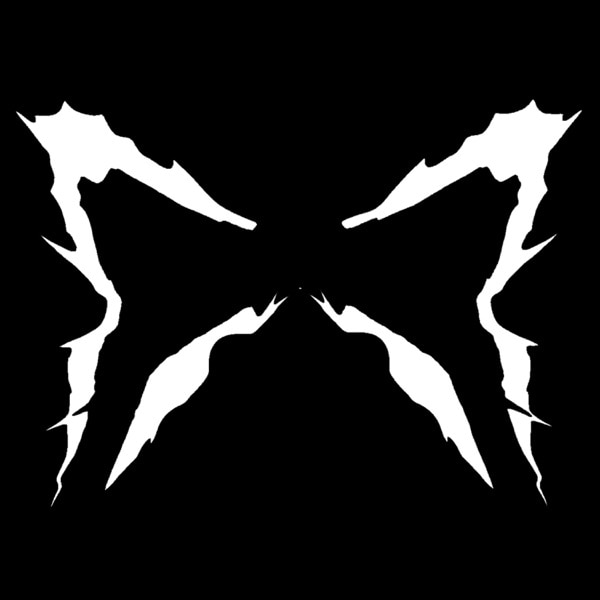 Contorno branco de asas de borboleta dentadas em fundo preto. 