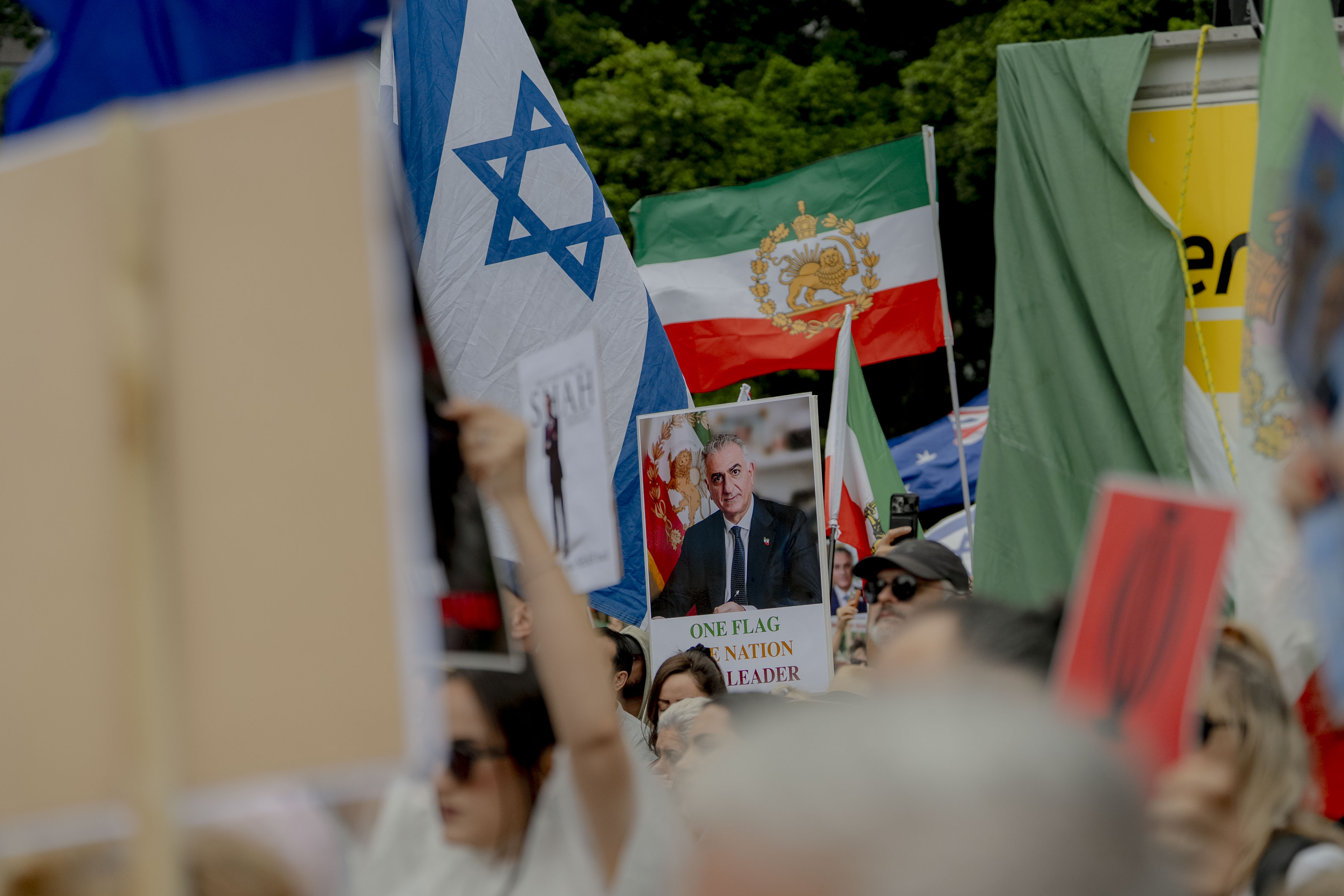 Póster de Reza Pahlavi en el mitin 140226