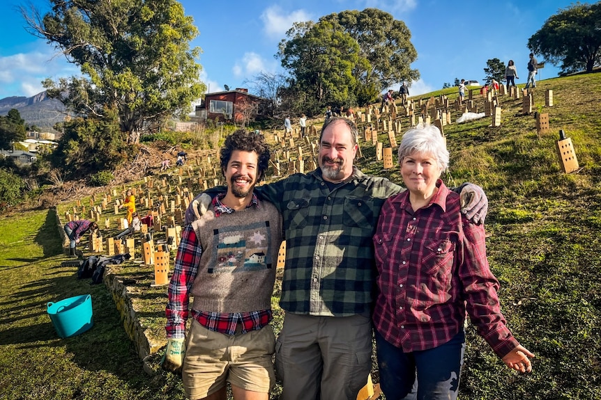 Three people stand in front of a hillside which is being planted with native species