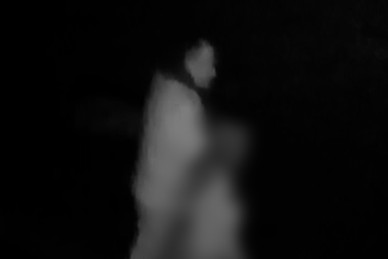 Dark night time CCTV photo of two adults walking