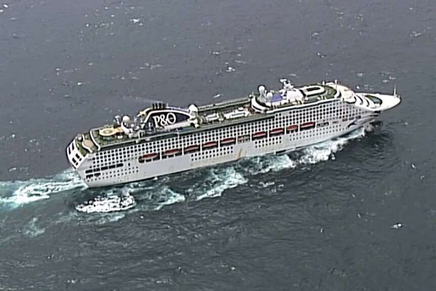 A large cruise ship on the ocean from the air