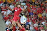 Two-try hero Scott Higginbotham wins clean line-out ball for the Reds.