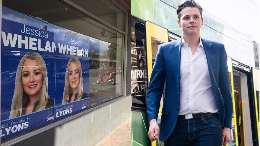 Two images: photographs of Jessica Wheelan in the window of her campaign office; Luke Creasey alighting from a tram.