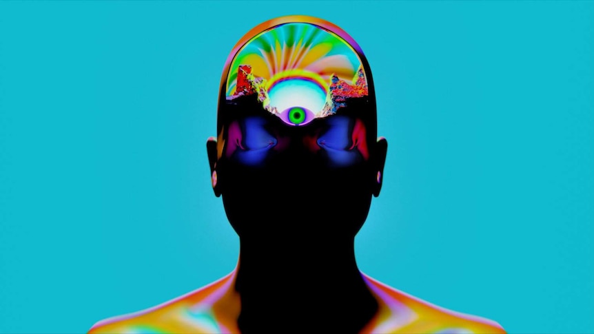 Illustration of rainbow colours and an eye inside a man's head.