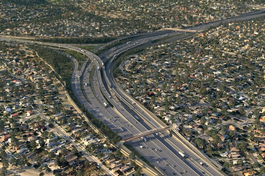 An aerial artist impression of the proposed M80 interchange, showing on and off-ramps connecting to the Eastern Freeway.