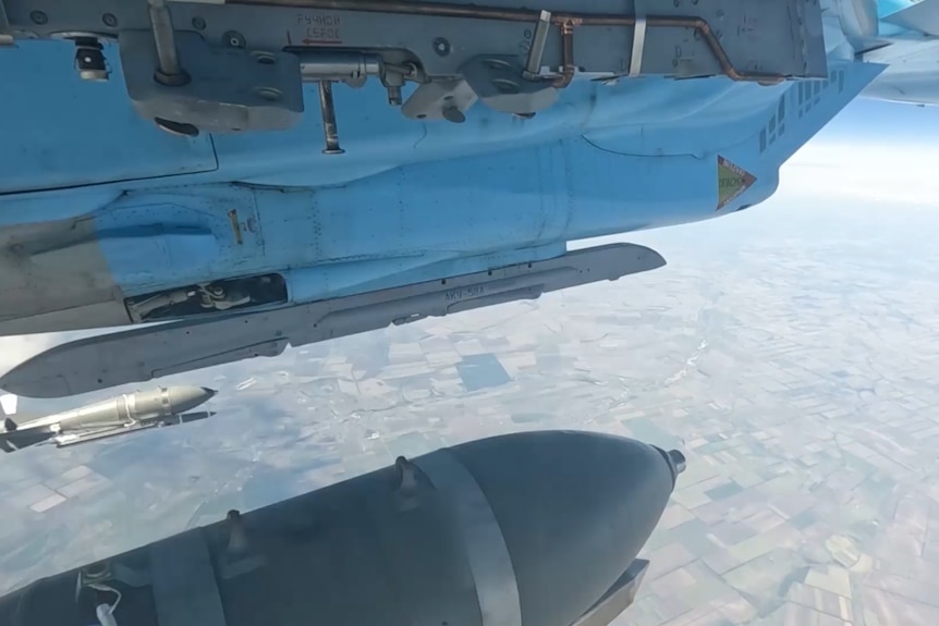 Bombs drop from Russian fighter jets. 