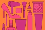Illustration of women's beauty products on one side, and a male hair comb on the other to depict the beauty expectation gap.