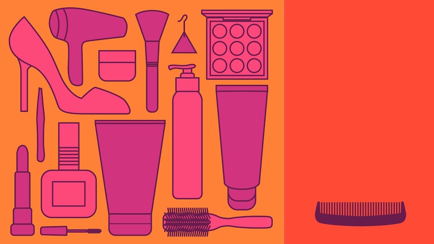 Illustration of women's beauty products on one side, and a male hair comb on the other to depict the beauty expectation gap.