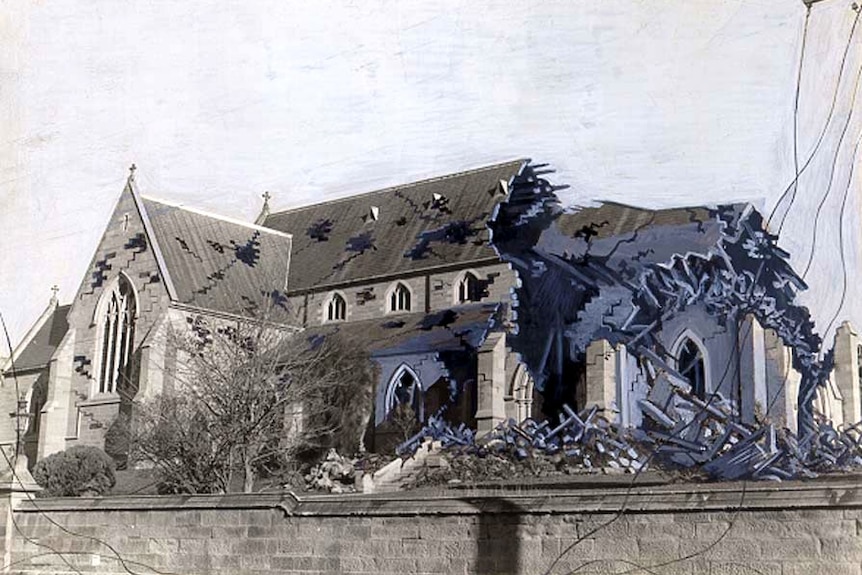 A mock photo of a church with one end destroyed by a bomb