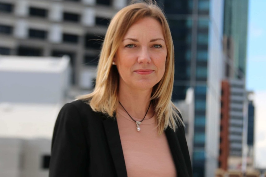 An image of WA Nationals leader Mia Davies, with the Perth skyline in the background.