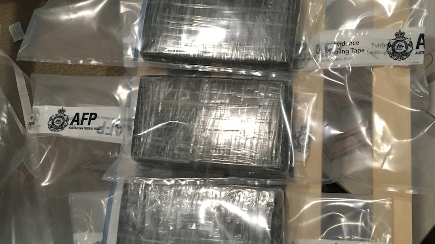 Five bricks of cocaine wrapped in black plastic, sealed in individual evidence bags lined up on a table.