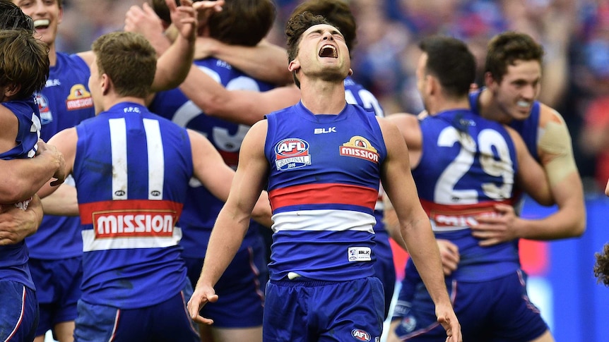 Luke Dahlhaus celebrates the Bulldogs' premiership win