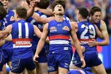 Luke Dahlhaus celebrates the Bulldogs' premiership win