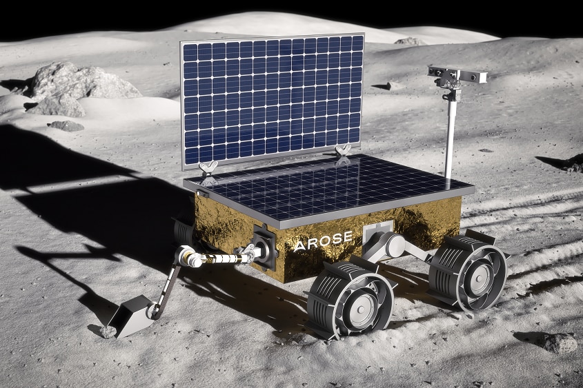 An artist's impression of a lunar rover on the surface of the Moon with solar panels, ridged wheels and a scooping arm.