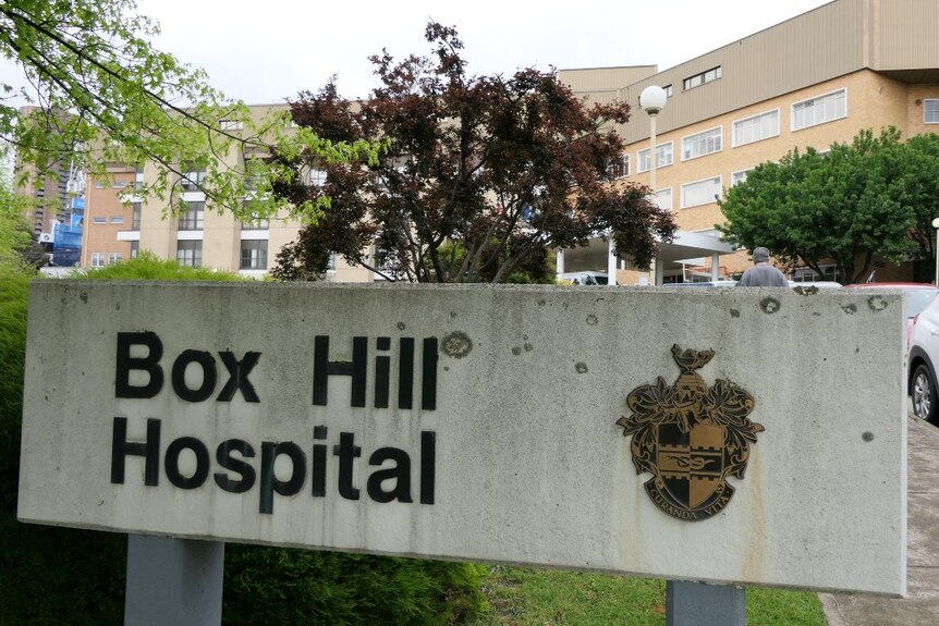 A large sign that reads "Box Hill Hospital" in front of a garden and a large brick building.