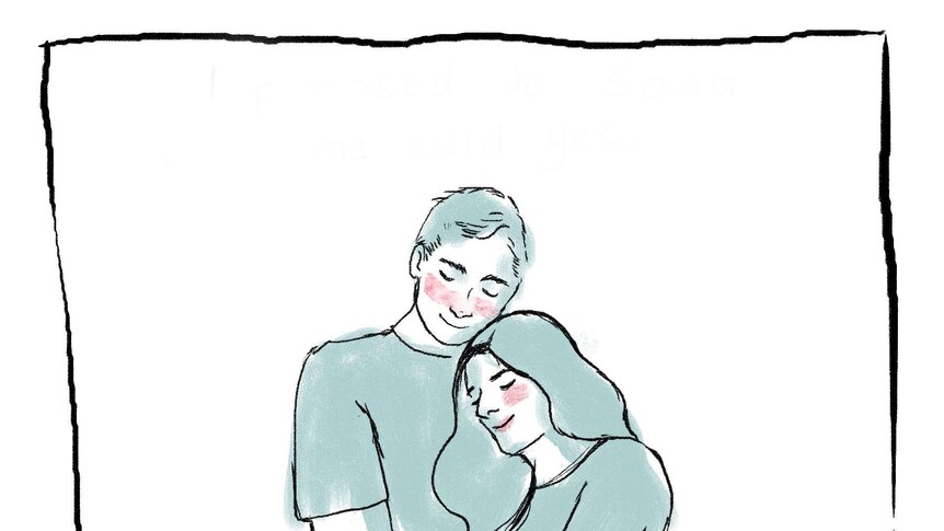 An illustration of a man and a woman in an embrace