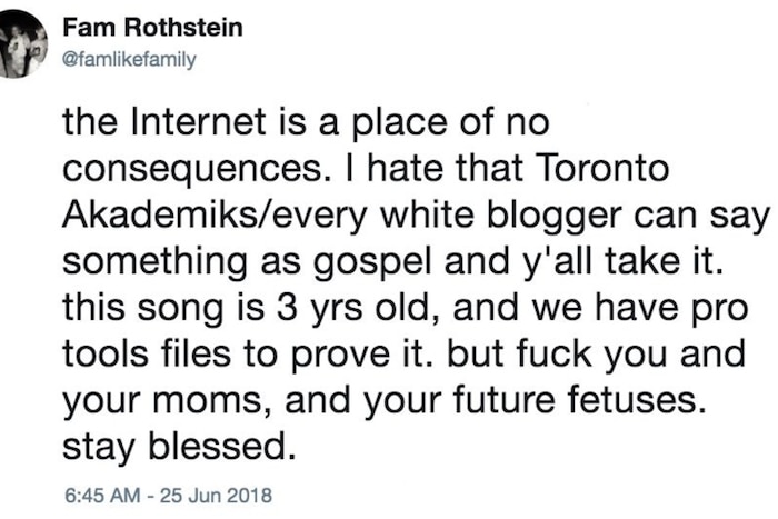 A tweet from Childish Gambino manager Fam Rothstein addressing copycat controversy
