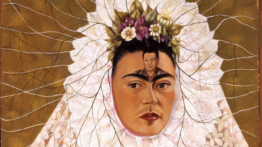 An oil painting portrait of Frida Kahlo with an image of Diego Rivera on her forehead.