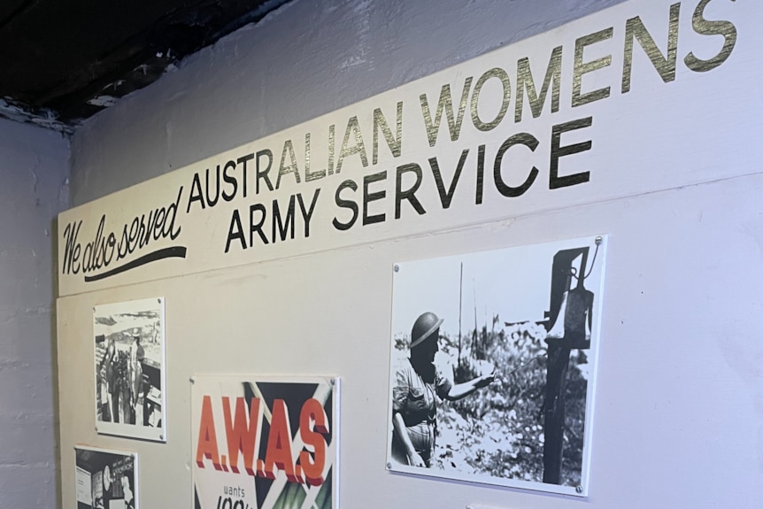 WWII era posters in black and white as well as photos of the Australian Womens Army Service
