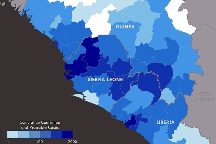 A map of West Africa marked with the spread of Ebola to December, 2015.