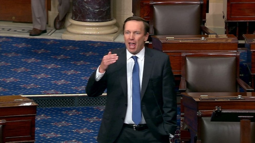 A still image of Senator Chris Murphy giving a speech on the Senate floor 