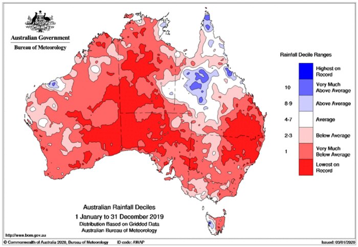 Map of Australia - all red apart from a patch in western QLD, west TAS and around Broom