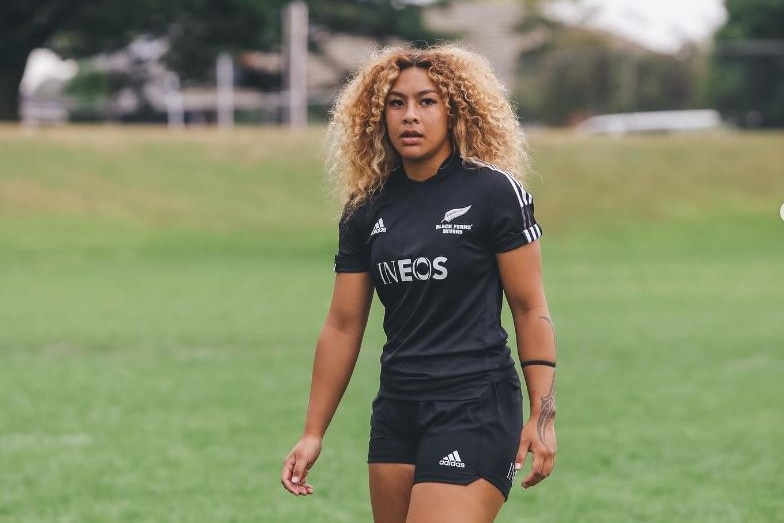 Rugby sevens players Liz Tafuna in a Kiwi Ferns jersey at training.