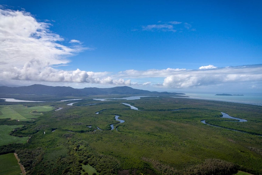 Drone shot of Daintree region showing rainforest, rivers, mountains and sea.