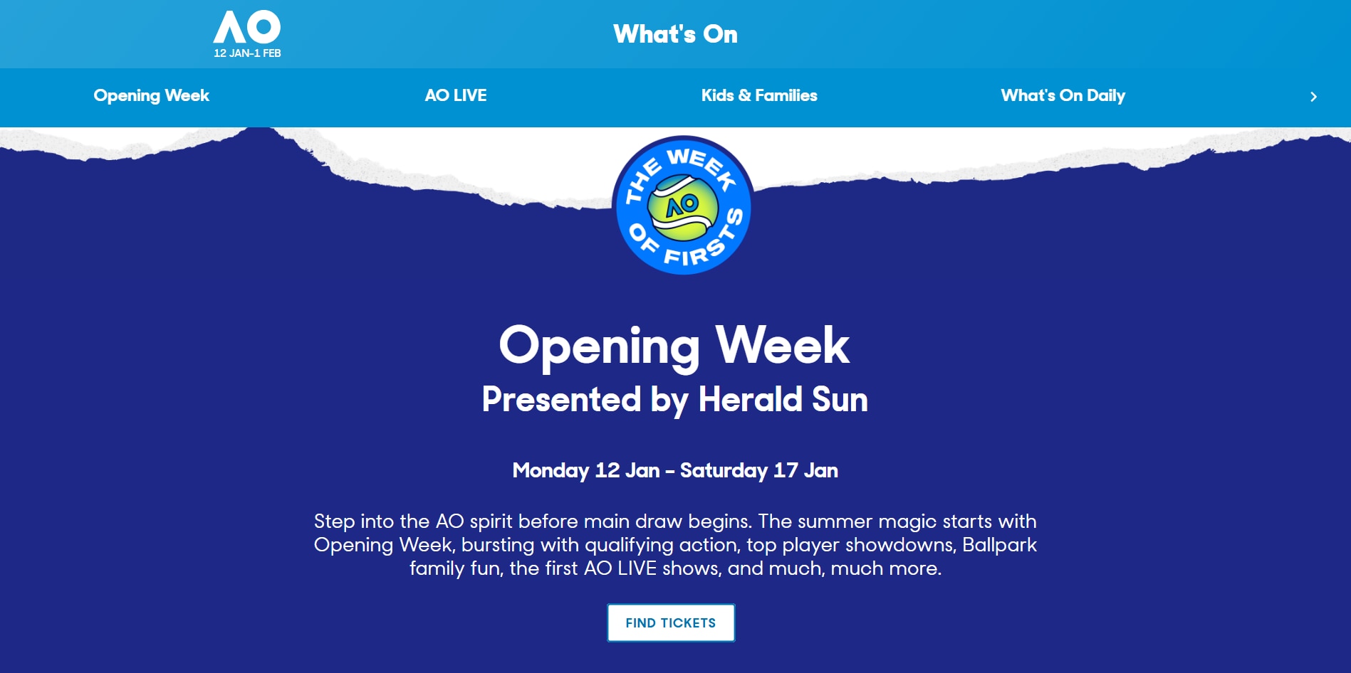 A página do site do Australian Open dedicada à Semana de Abertura.