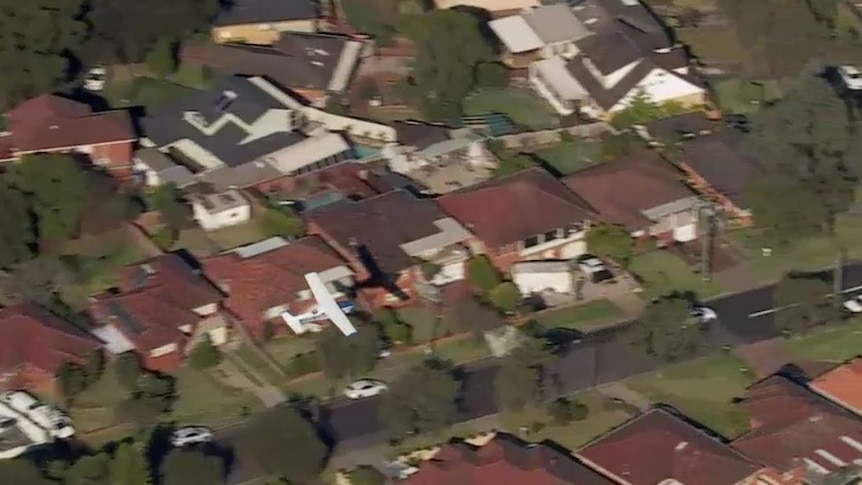 A light plane flies low above suburban houses and tree tops.