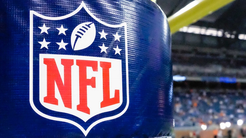 An NFL logo on a goalpost pad before a 2014 preseason game between Detroit and Cleveland.