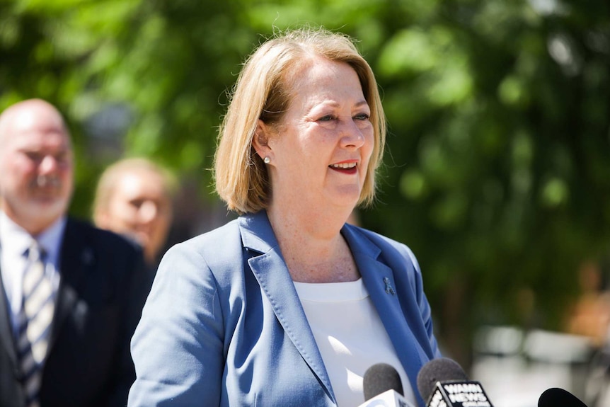 A mid-shot of WA Police Minister Michelle Roberts talking outdoors during a media conference.