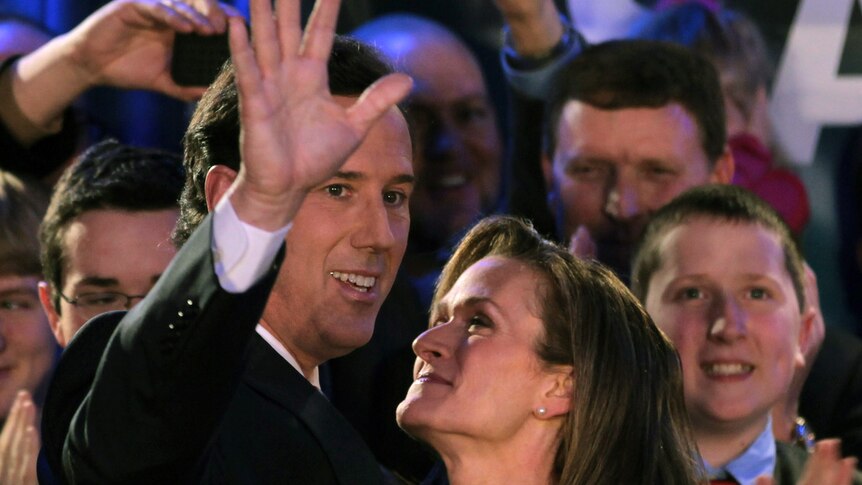 Rick Santorum, with his wife Karen, kickstarted his campaign with a win in Iowa.