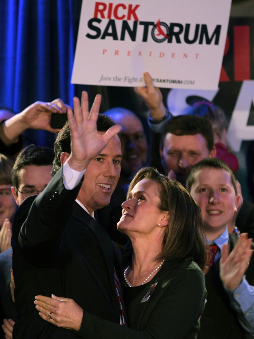 Rick Santorum, with his wife Karen, kickstarted his campaign with a win in Iowa.
