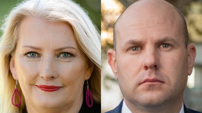 A composite image of a blonde woman with red earrings and a bald man in a suit