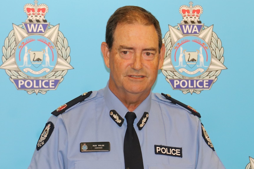 A head and shoulders shot of WA Police Regional Commander Rod Wilde speaking at a media conference in uniform indoors.