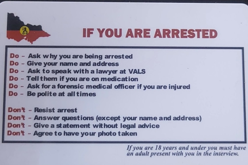 A card with the words 'If you are arrested' and a list of instructions marked 'Do' and 'Don't'