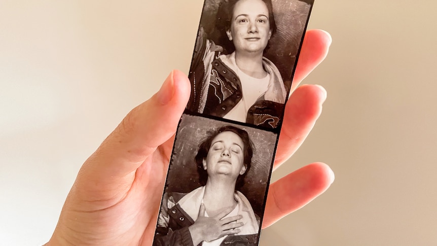 Two photos of Clare Negus on a Photobooth strip one with her eyes closed and the other looking straight at the camera