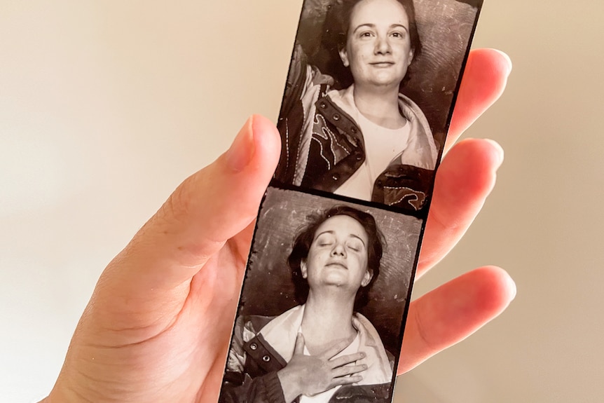 Two photos of Clare Negus on a Photobooth strip one with her eyes closed and the other looking straight at the camera