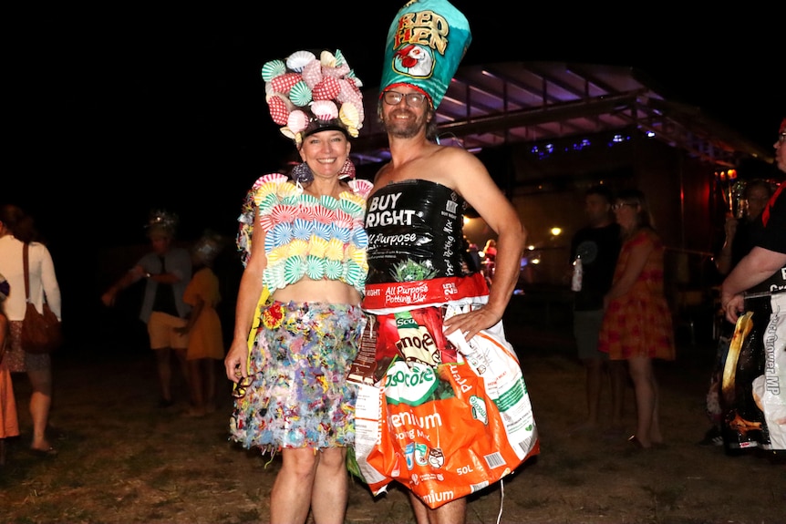 A man and a woman wearing kitchen and garden waste as clothes at the Katherine Junk Festival