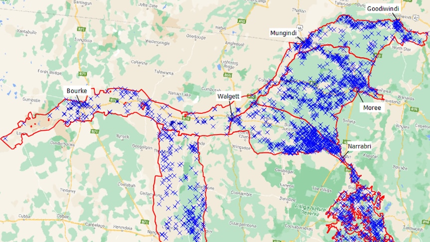 a map of northern NSW with blue marks showing farm dams