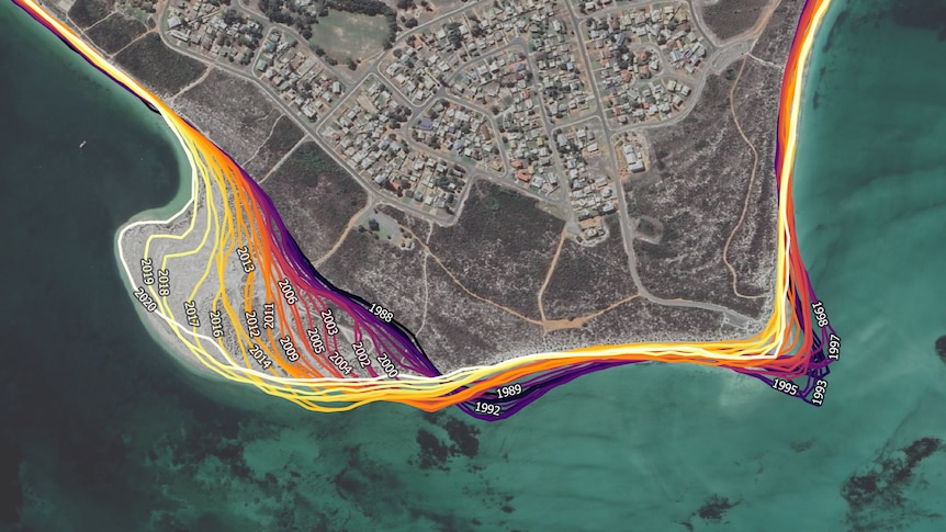 A graphic  aerial image showcasing the different shorelines over the past 32 years in Cervantes, WA