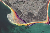 A graphic  aerial image showcasing the different shorelines over the past 32 years in Cervantes, WA