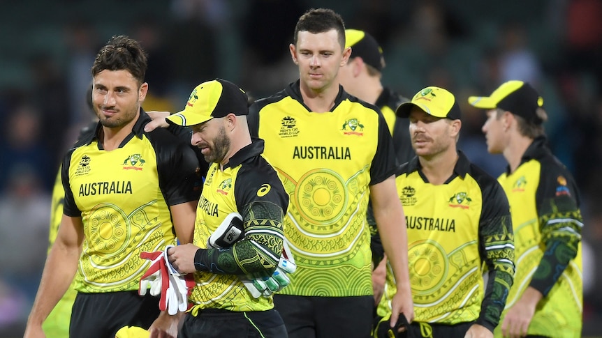 Matt Wade puts his arm on Marcus Stoinis' shoulder with his teammates walking behind him