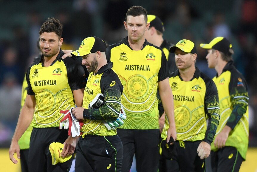 Matt Wade puts his arm on Marcus Stoinis' shoulder with his teammates walking behind him