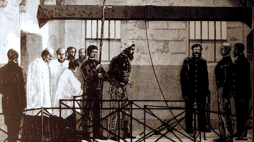 Ned Kelly being led to the gallows to be hanged at the Old Melbourne Gaol.