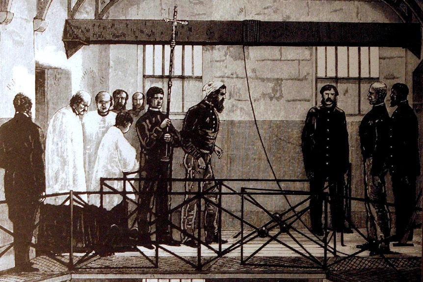 Ned Kelly being led to the gallows to be hanged at the Old Melbourne Gaol.