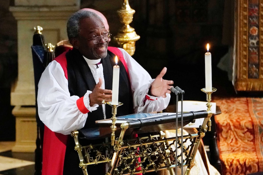 The Most Rev Bishop Michael Curry speaks during the wedding ceremony.