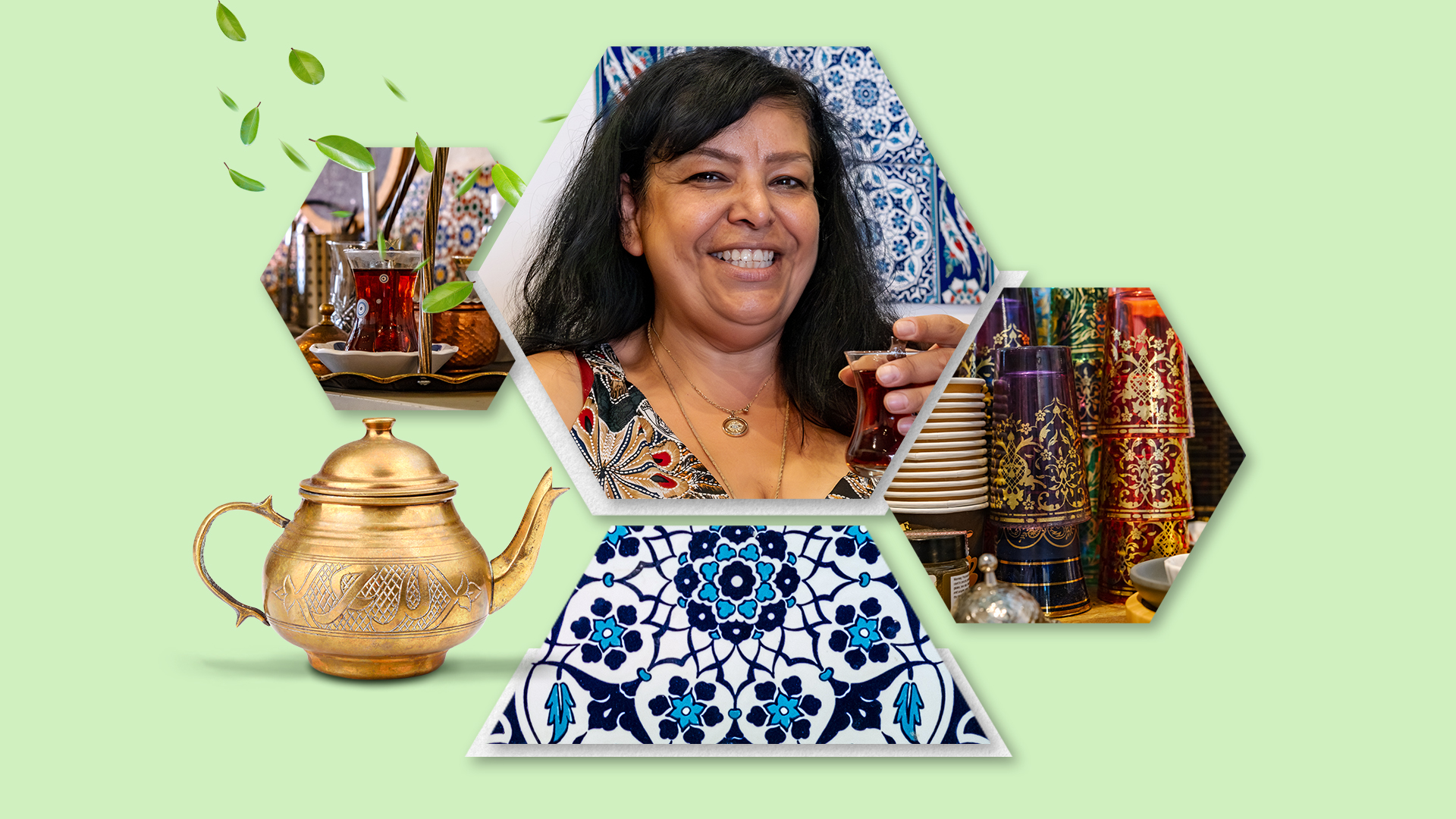 A photo of a Turkish lady holding up a cup of tea.